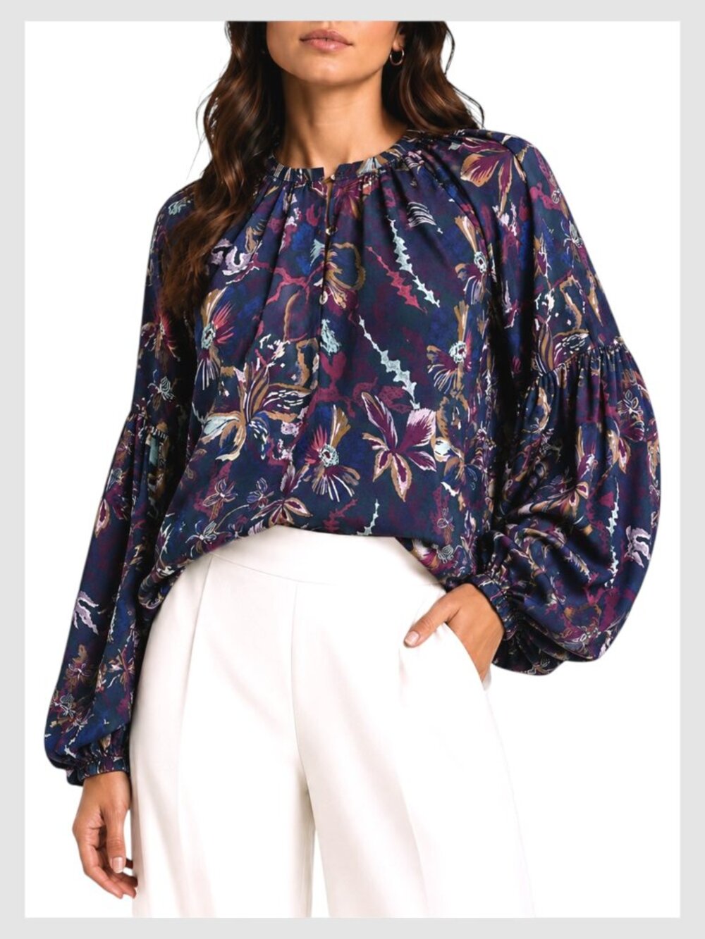 Chufy Nora Silk Blouse Floral Print Puff Sleeve Navy Size S